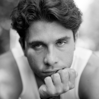Black and white close up portrait of male model