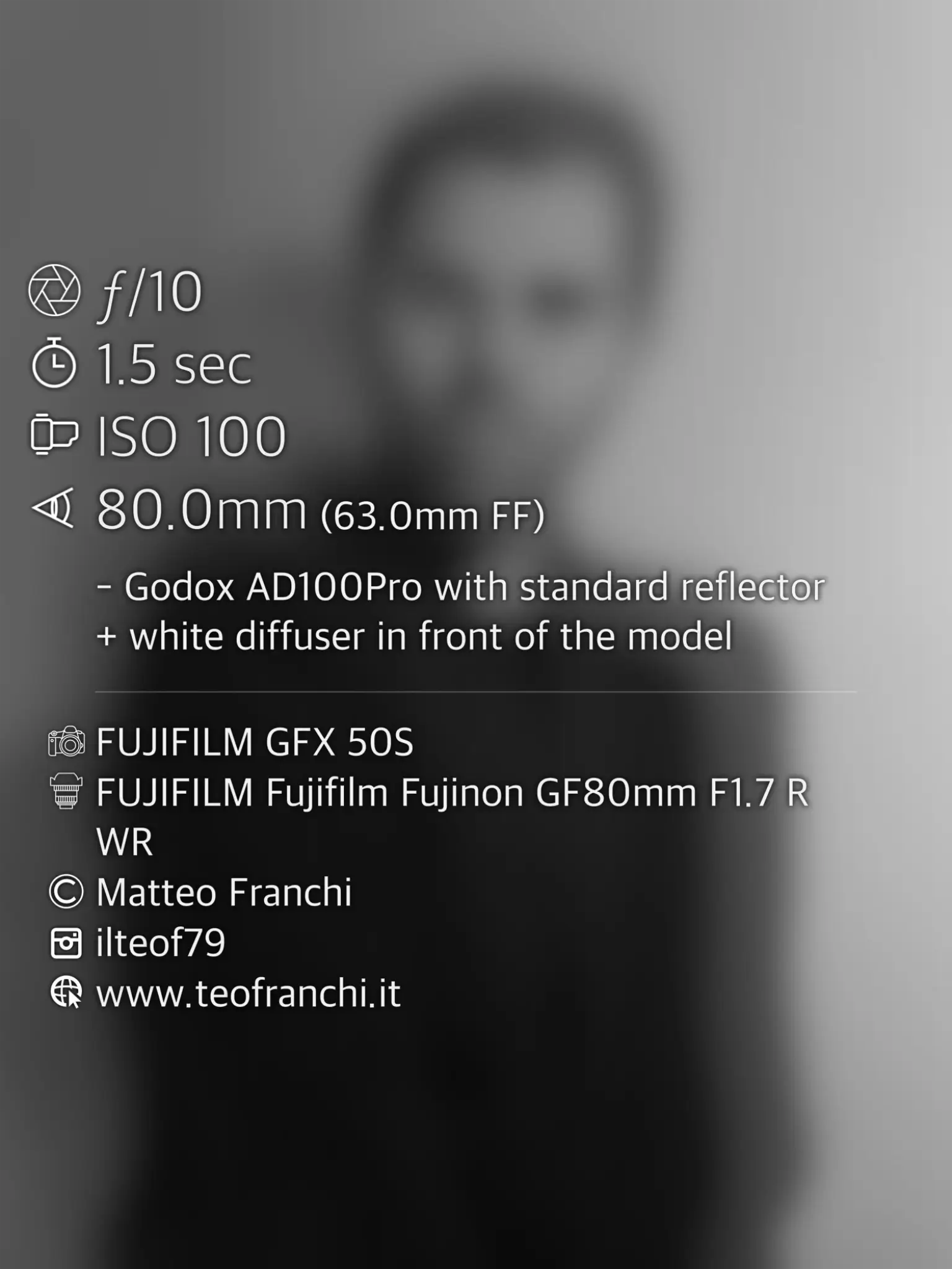 EXIF data for a long exposure black and white portrait of male model in studio
